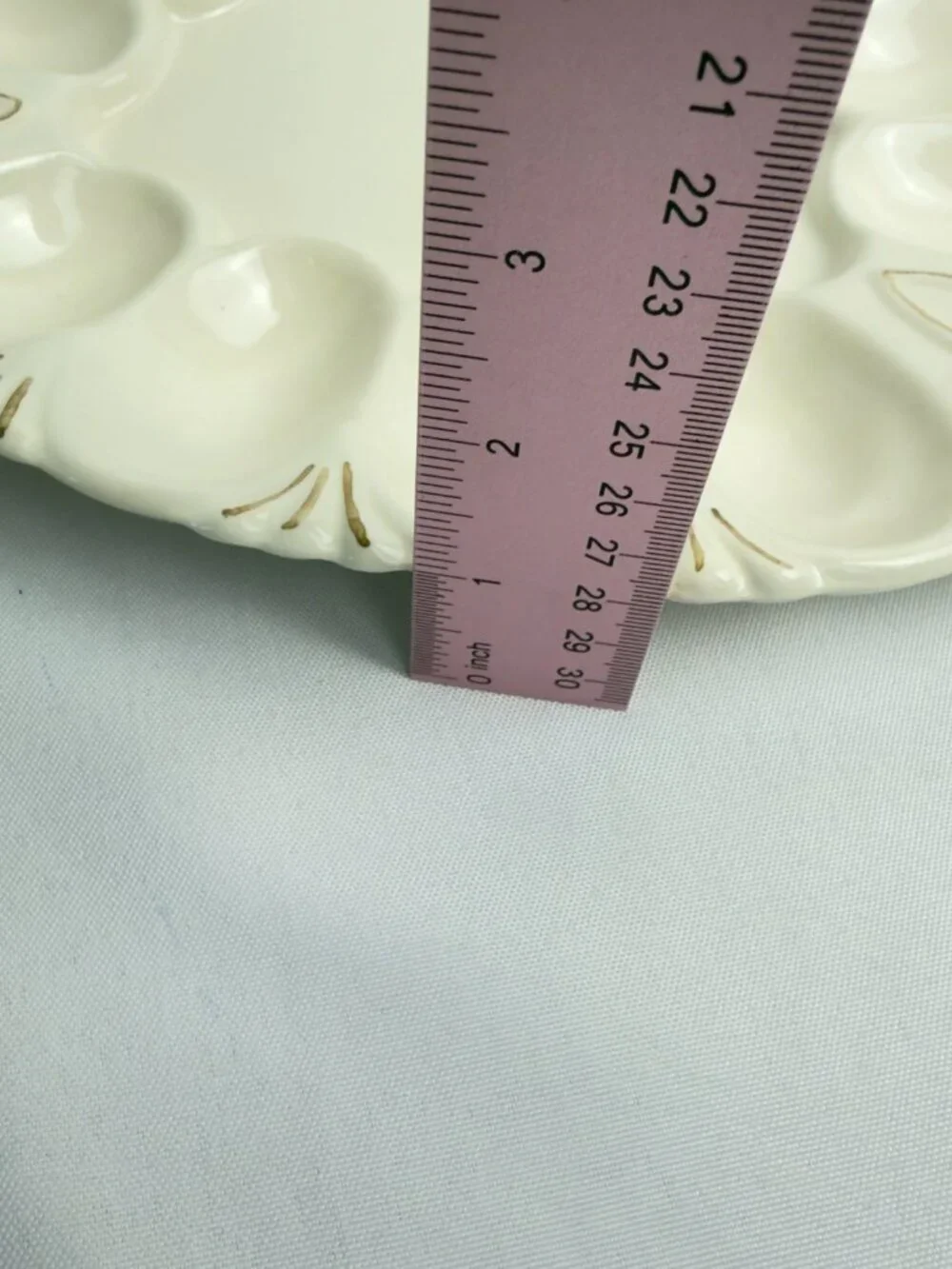 Ceramic Vintage Deviled Egg Plate 12 Well Gold Accents Scalloped Rim 10